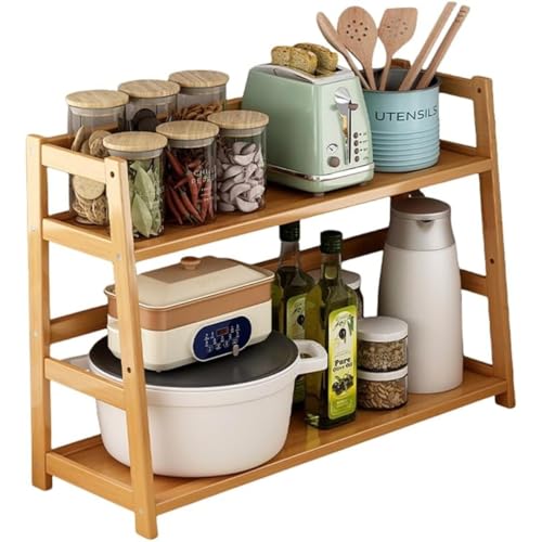 TAYOA キッチンラック 調味料ラック ウッド ラック 2段 多機能 キッチンラック キッチン収納 花棚 書棚 台所収納 卓上収納 大容量 ナチュラル 省スペース 木製 竹製 卓上整理 包丁収納機能付き 小物収納ラック (60CM,ナチュラル)