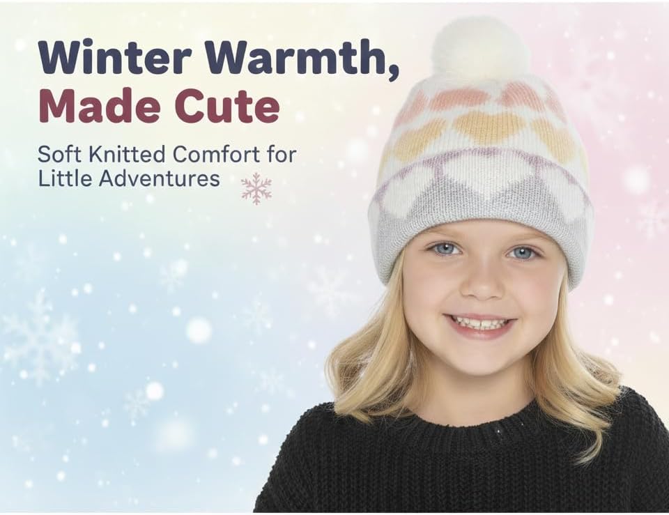 A2Z 4 Kids Girls Hat Ombre Hearts Beanie Knit Pom Pom Soft Fleece Winter Warm Cosy Caps Comfortable Casual Outdoor Hats