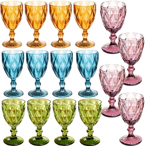 Image of 16 Pack Vintage Wine Glasses, Plastic Reusable 12 Ounce Colored Water Goblets, Unique Embossed Pattern Unbreakable Stemmed Wine Glasses, High Clear Wedding Party Bar Drinking Cups Multicolor