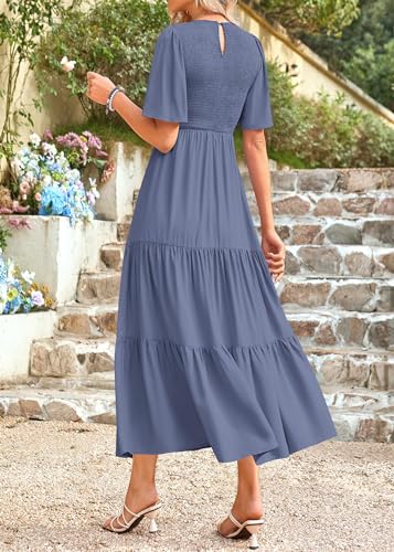 Image of KIRUNDO Summer Dresses for Women 2026 Spring Casual Flutter Short Sleeve Wedding Guest Smocked Flowy Tiered Aline Midi Dress