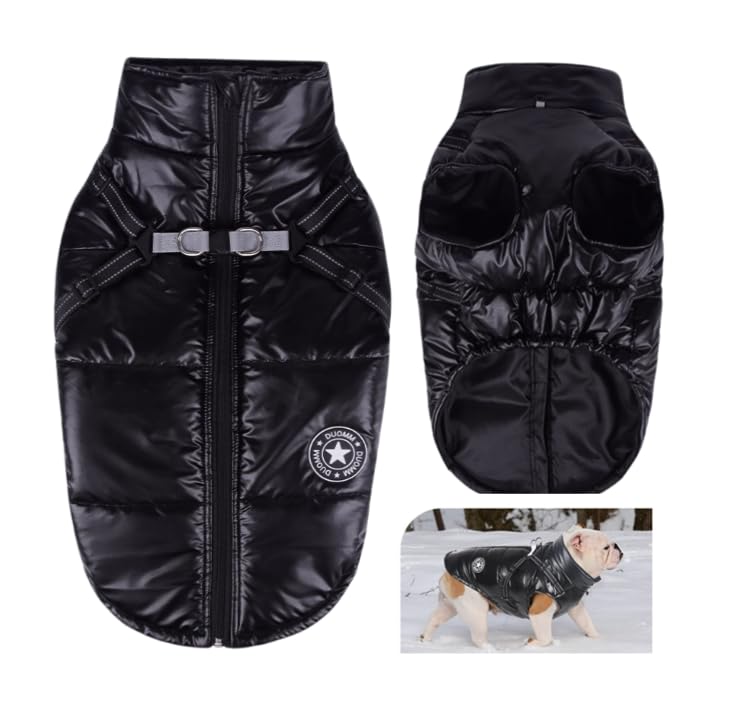 Hundemantel für Kleine Hunde, Wasserdicht Hundejacke Winter, Wintermantel mit Geschirr und Reflektor(Schwarz XL)