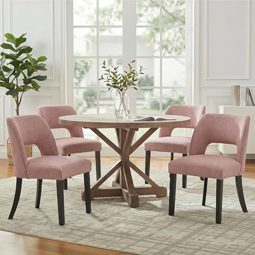 keoni Wooden Dining Chairs Set of 4 Mid Century Modern Upholstered Dining Room Chairs with Black Wood Legs Fabric Farmhouse Kitchen Chairs with Foot Pegs for Dining Room Pink