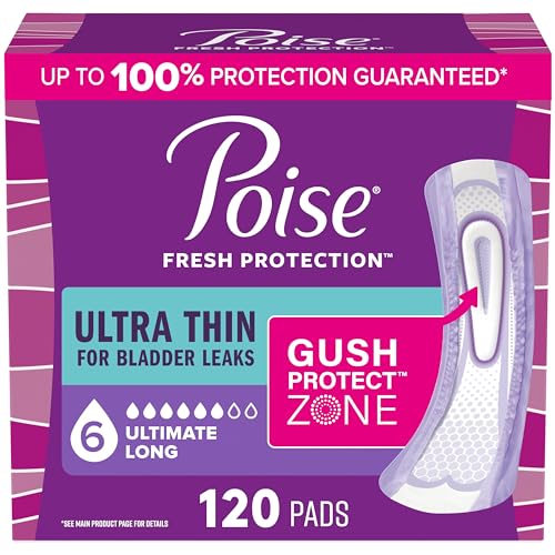 Poise Ultra Thin Incontinence & Postpartum Pads for Bladder Leaks 6 Drop Ultimate Absorbency Long Length 120 Count (Packaging May Vary)