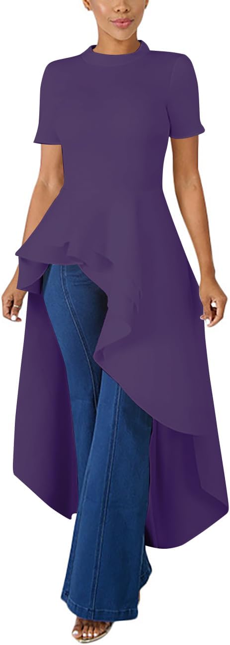 Lrady Womens Casual Shirt Dress High Low Irregular Ruffle Hem Blouse Asymmetrical Peplum Long Tunic Tops - Image 3