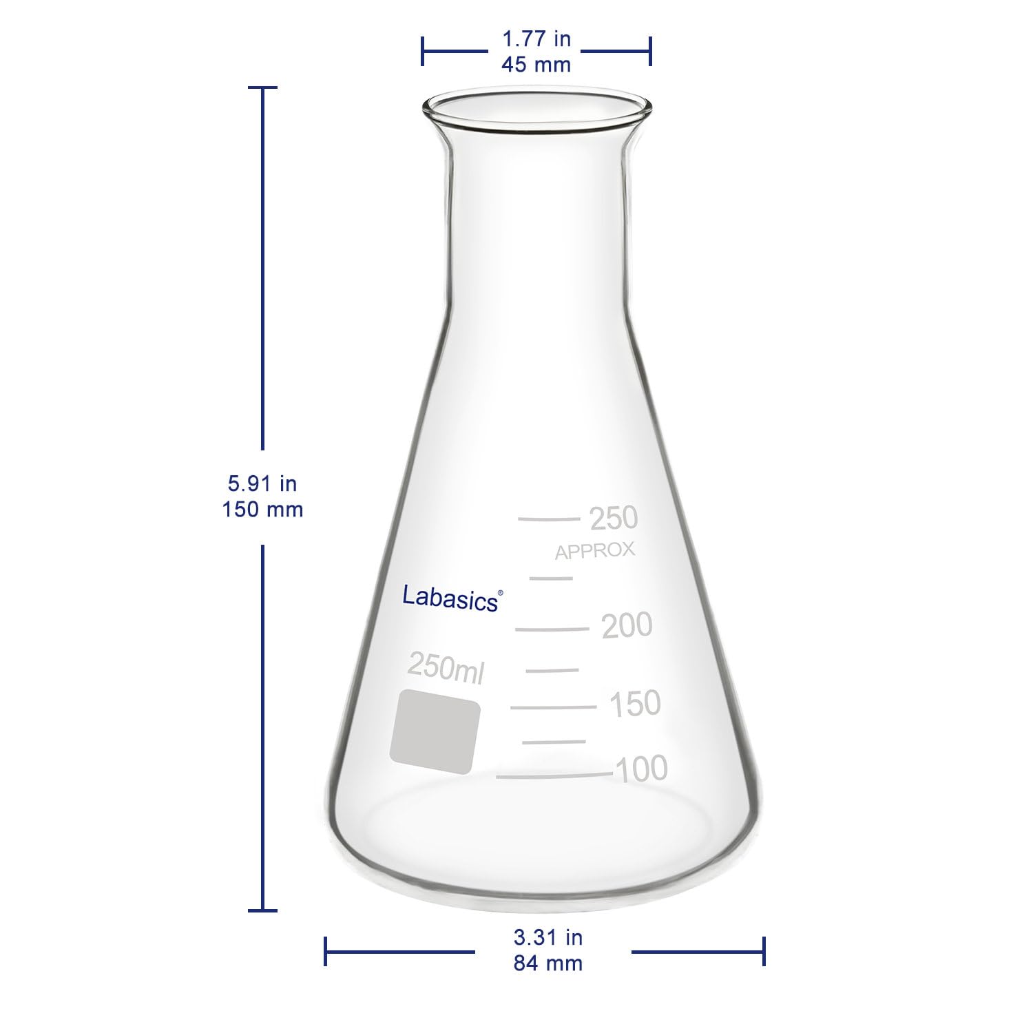 Labasics Vidrio Boca Ancha Erlenmeyer Matraz, Borosilicato, 250 ml