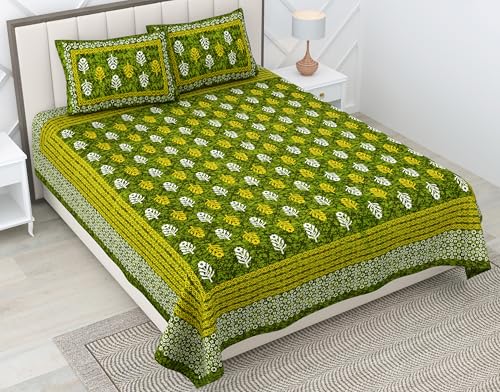 Image of RajasthaniKart 100% Cotton 180 TC King Size BEDSHEET with 2 Pillow Cover - 90X108 (Suitable for King Size Bed Sheet or Double Bed, Green Booty Jaipuri, 5300)