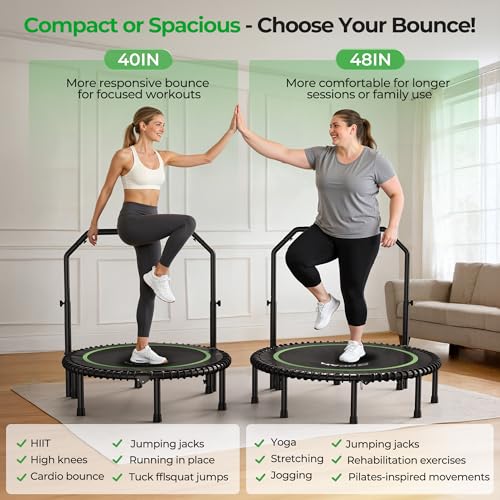 BCAN BT2 40" Rebounder Trampoline for Adults, Indoor, 450lbs,Bungees Rebounder for Adults, Adjustable Handlebar, Quiet Mini Exercise Trampoline for Indoor Workout, Low-Impact|FED Fitness Green - image 8