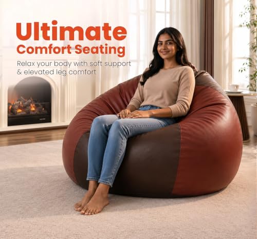 Image of Sattva Classic 3XL Bean Bag Chair with Beans Filled | Faux Leather Sofa Style Beanbags for Living Room | Pre-Filled Bin Bag Sofa for Adults & Kids | Beam Bag Seating for Home & Office - Brown & Tan