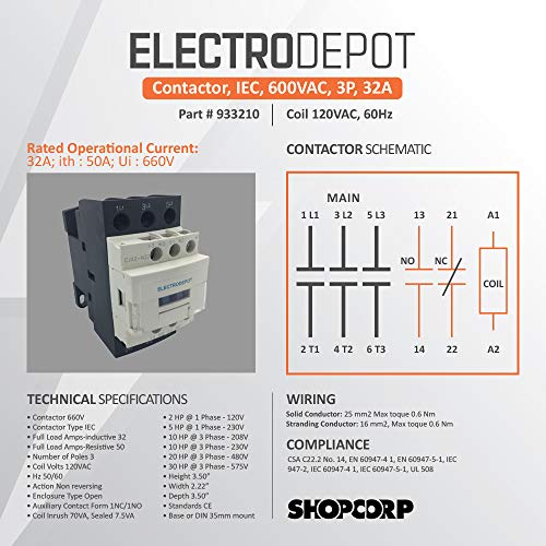 Electrodepot ELECTR-CONTACT1RAIL2SCR 30 Amp 3 Pole Contactor, 110-120V Coil, Motor Load 32A, Lighting 40A, 50A Bundle With Slotted Steel Zinc Plated Din Rail thumb #8