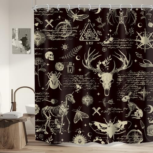 Mitpok Black Gothic Shower Curtain 60Wx72H Goth Skull Skeleton Spooky Moth Funny Cool Moon Bone Mystic Whimsical Leaves Floral Men Bathroom Decor Vintage Bath Curtain Fabric Polyester 12 Pack Hooks