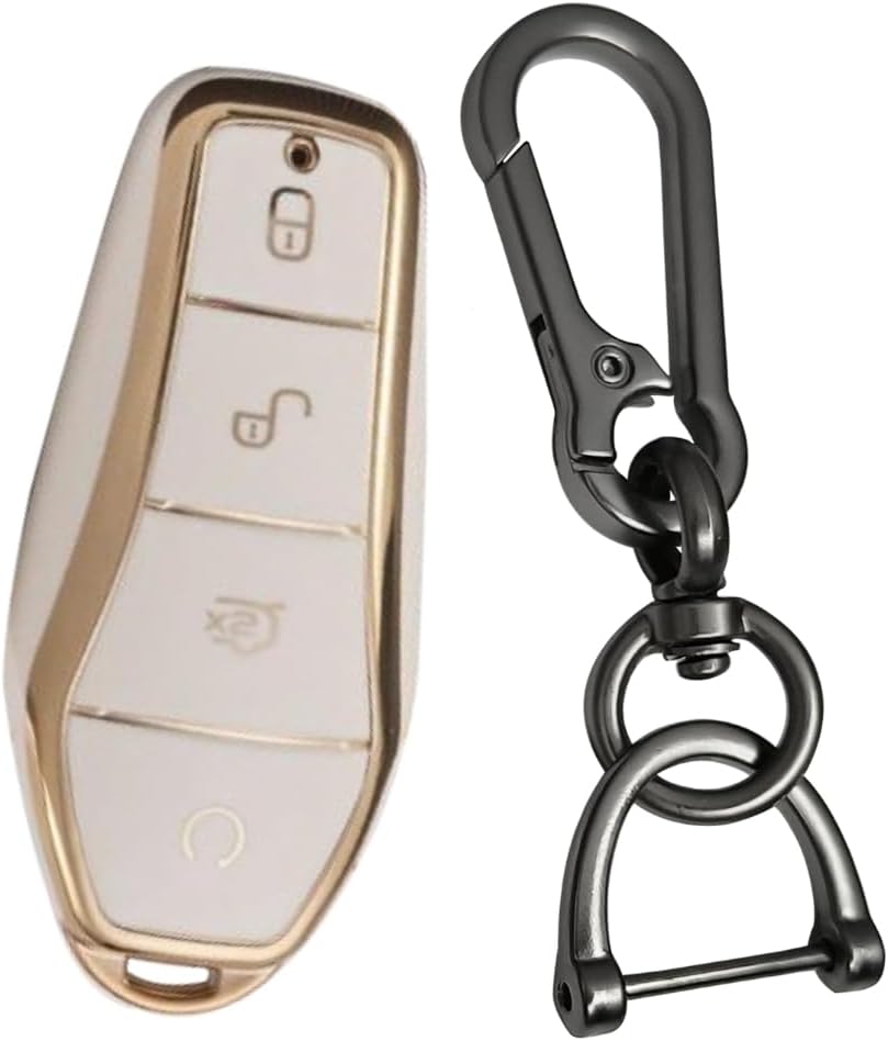 KEYCEPT Gold Line TPU Car Key Cover Compatible for BYD Atto-3 4 Button Smart Key with Keychain. (Type 1, White)
