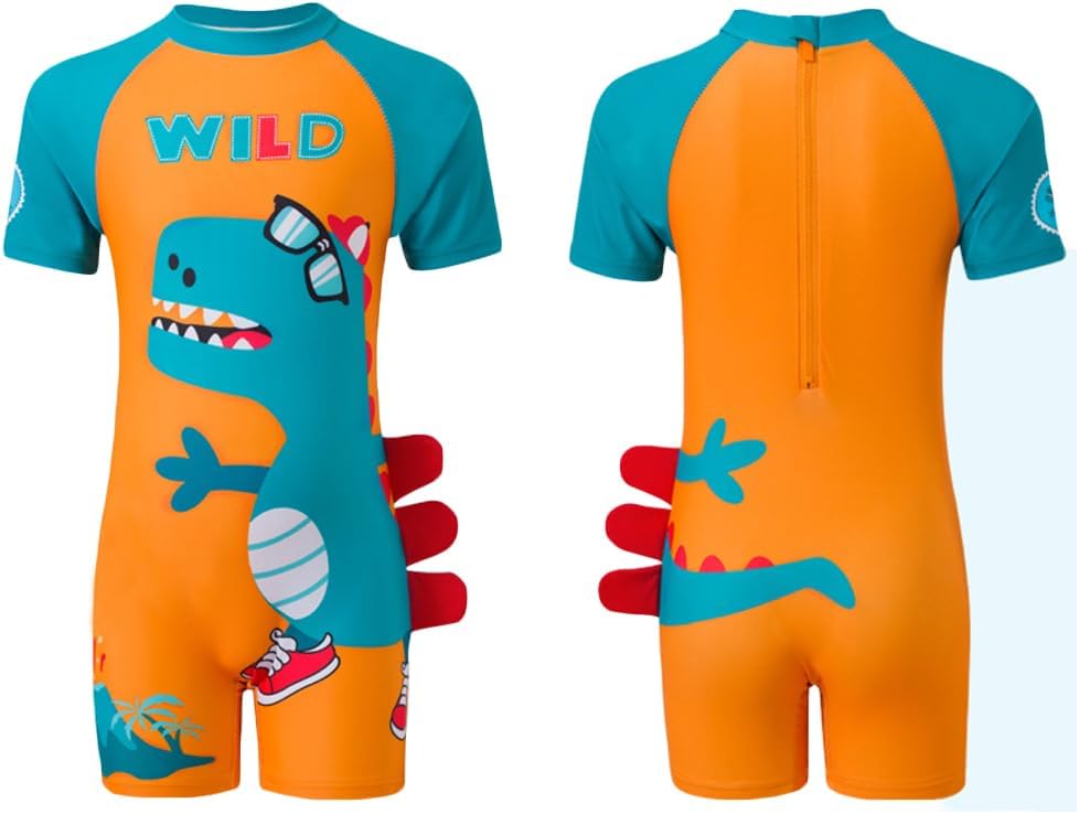 AIWUHE Toddler Boys Swimsuits One Piece Rash Guard Swimwear Zipper Bathing Suit UPF50+ with Hat Dinosaur Swimsuit Set