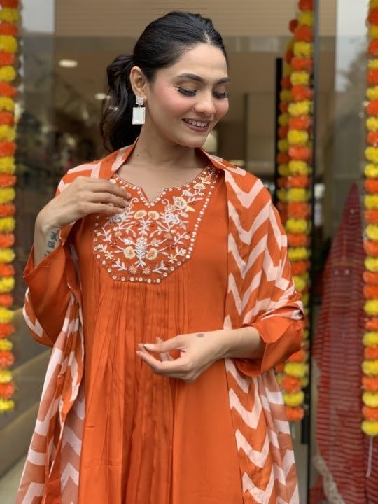Image of Nermosa Women Solid Orange Embroidery Kurta and Pant Set with Dupatta