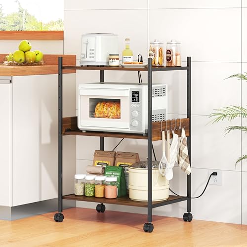 LunarLight レンジラック レンジ台 幅60奥行44高さ90cm コンセント付き 耐荷重112kg キッチン棚 スライド棚・高さ5段調節可能 大型レンジ対応 キャスター付き移動式とアジャスト付き固定式2機能 サイドパネル付き キッチン収納 オーペン