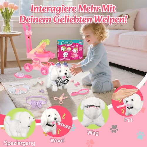 Charmofun Hund Spielzeug Kinder, Hund Elektrisch Spielzeug der Läuft und Bellt mit Hundewagen Tierarzt Spielset, Rollenspiel Interaktives Haustier Laufender mit Funktion, Geschenke Mädchen ab 3 Jahren