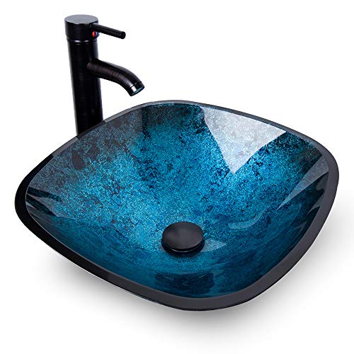 Artistic Square Bathroom Sink Blue Tempered Glass Vessel Sink Combo with Faucet 1.5 GPM and Pop up Drain Bathroom Bowl