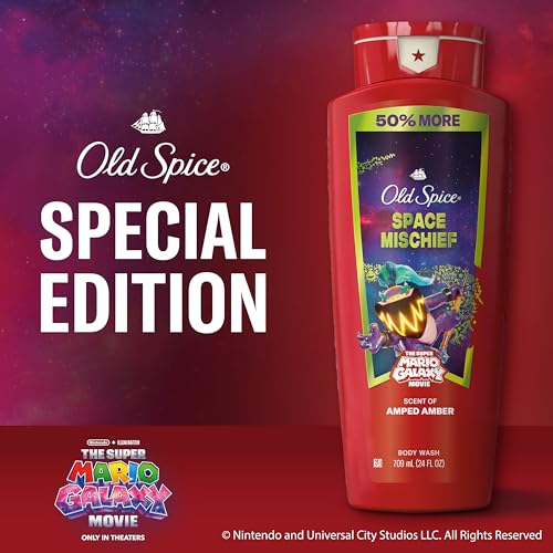 Image of Old Spice Body Wash for Men, x The Super Mario Galaxy Movie, 3X Defense, 24 /7 Shower Fresh with Long Lasting Scent, Smell Super with Space Mischief, Amped Amber Scent, 24 oz
