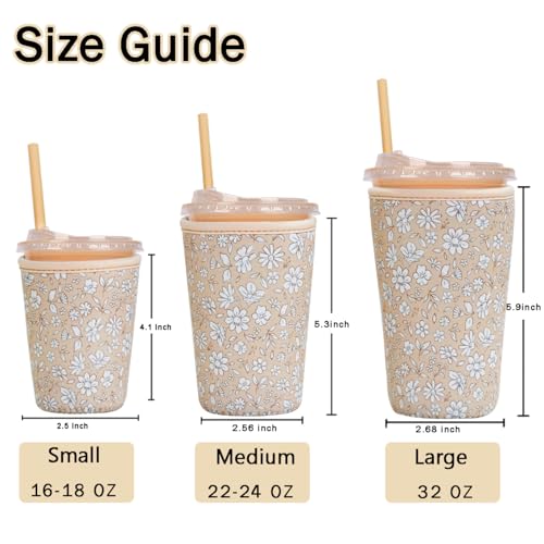 Image of Reusable Insulated Sleeve for Iced Coffee Cup, 3-Pack Coffee Neoprene Drink Sleeve for Cold & Hot Drinks, Beverage Holder for Iced Coffee (Beige Floral)
