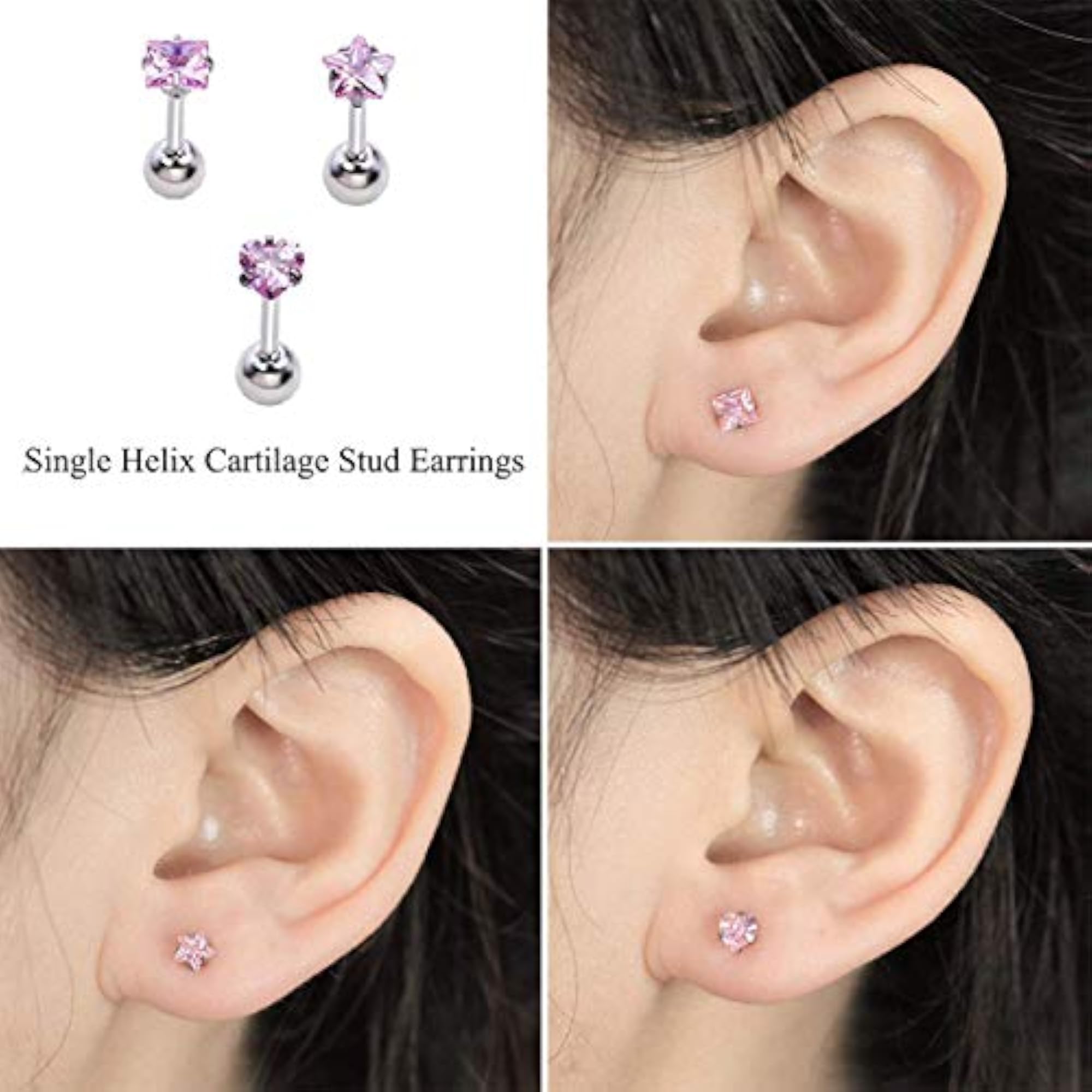 3 Pcs Silver CZ Stainless Steel Crystal Stud Earrings