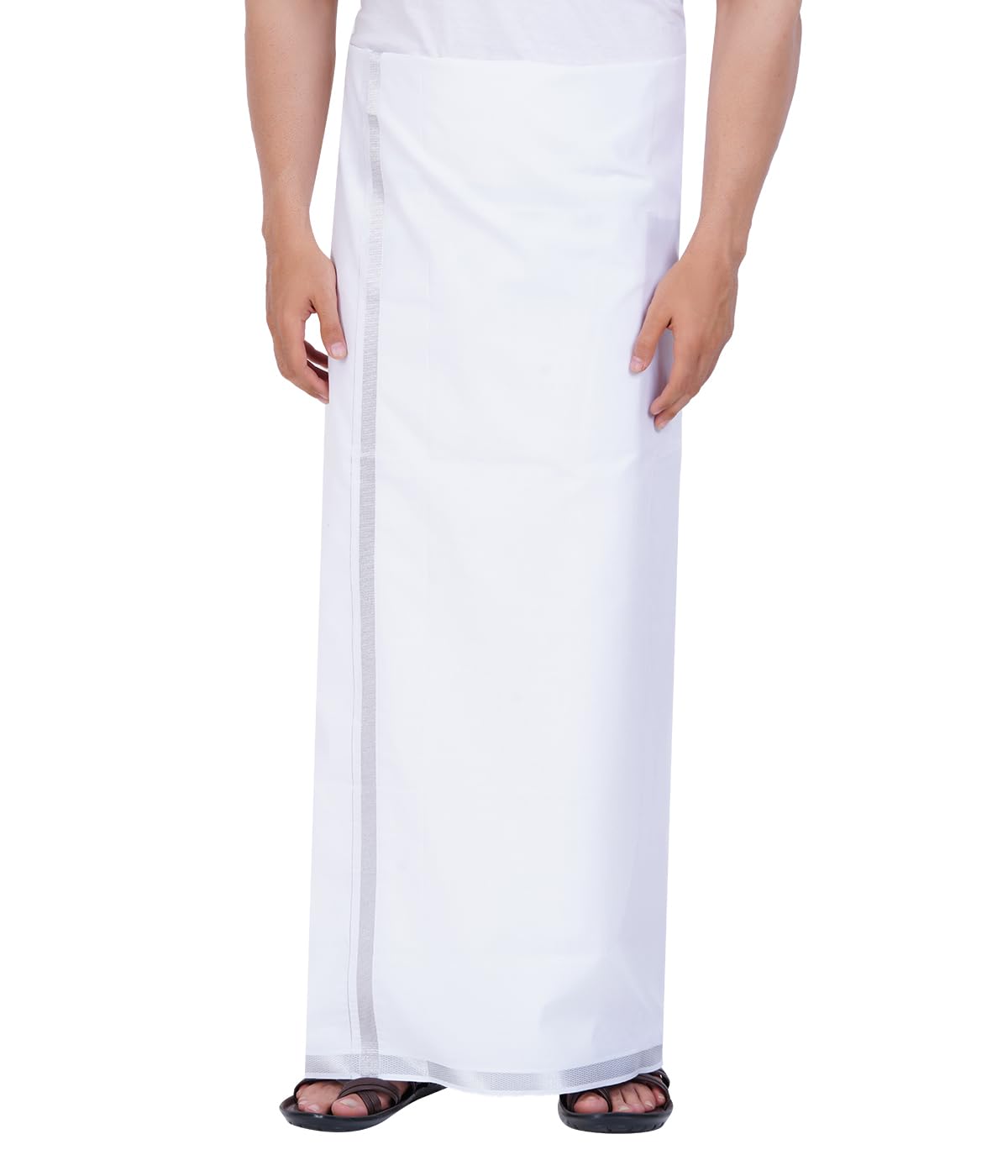 Men's Pure Cotton Traditional White Silver Zari Border Dhoties/Mundu/Dhoti/Veshti(2 meters)-image-17
