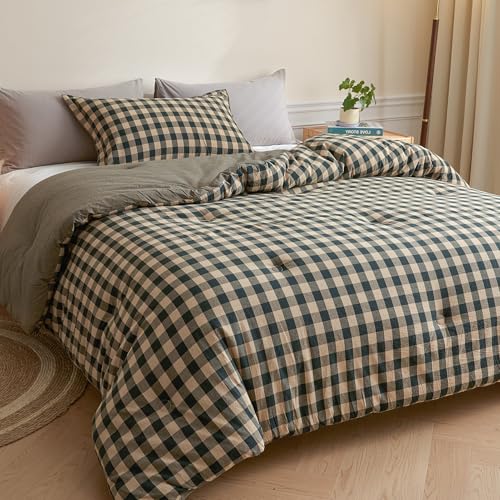 Image of Cyusri Cotton Plaid Full Comforter Set - Soft Lightweight Bedding 3 Pieces Dyed Bed Set with 2 Pillow Shams,Reversible All Season Farmhouse Down Alternative(Full Size 80 inchx90 inch Dark Green)