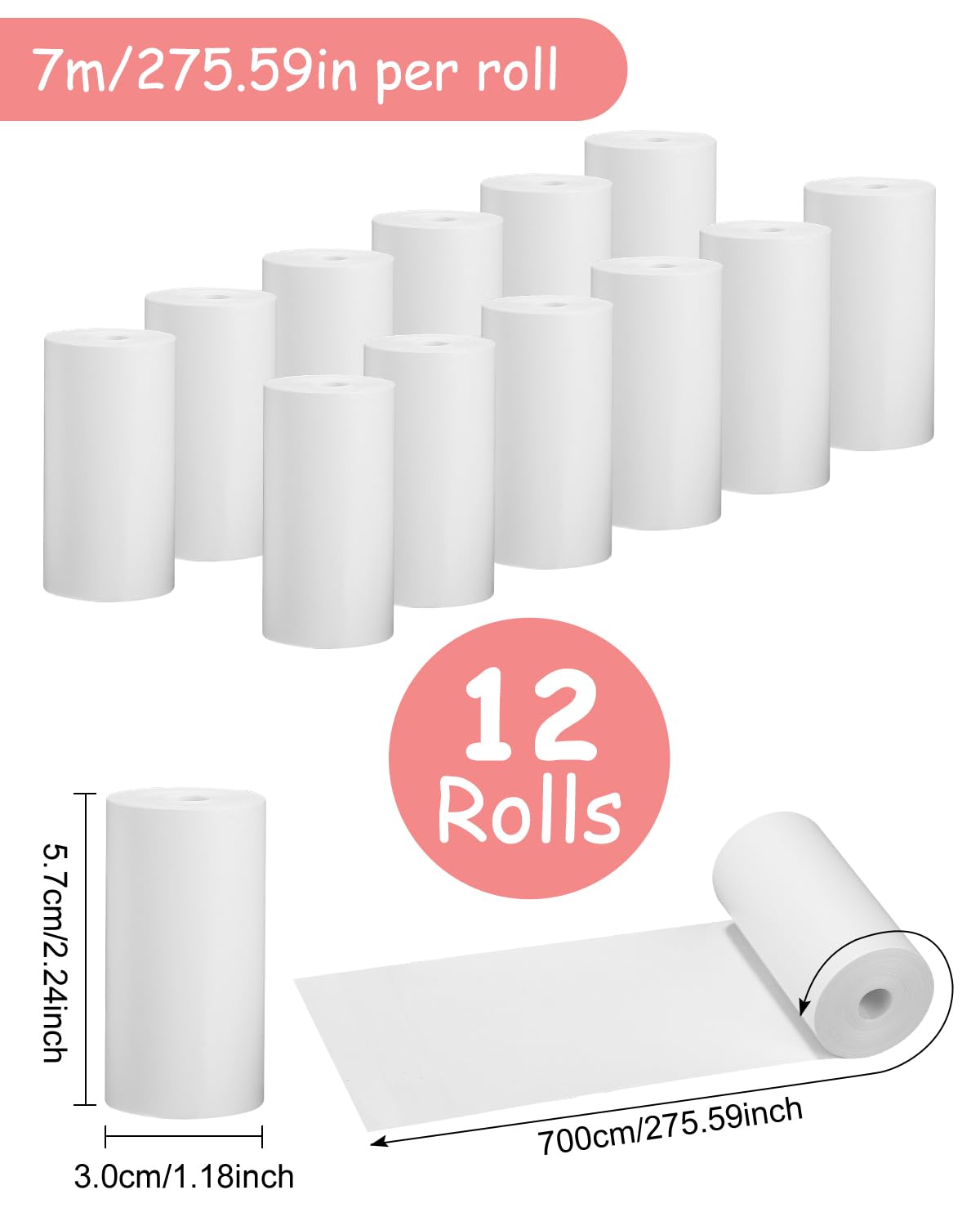 TNEDFOD Rouleaux Papier Thermique Pour Appareil Photo Enfant - Lot De 12, 57x29mm, 6m - Impression Noire Et Blanche Sans Encre