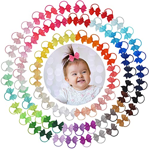 Image of 80PCS Baby Hair Ties With Bows 2Inch Hair Bows Elastic Rubber Bands Finger Hair Ties Ponytail Holders Hair Accessories for Baby Girls Newborn Infants Toddlers Multi-colored