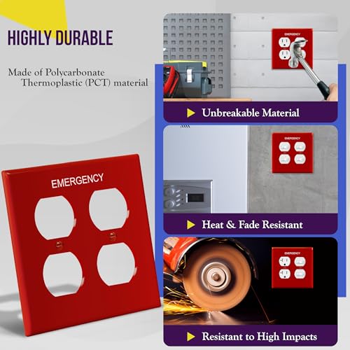 Image of ENERLITES Double Duplex Wall Plate with Emergency Label, Two Gang Electrical Outlet Cover, Mid-Size 2-Gang 4.88 inch x 4.92 inch, Unbreakable Polycarbonate Thermoplastic, UL Listed, 8822M-ER, Red