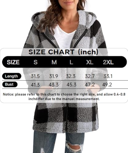 ABINGOO Damen Teddy Fleece Mantel Kariert Warm Winterjacke Kapuzenjacke Flauschig Plüschjacke Reißverschluss Sweatshirt mit Kapuze und Taschen(Schwarz,M)