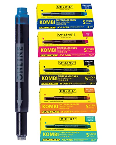 ONLINE 25 cartuchos de tinta compatibles con Lamy, multicolor, también para Pelikan, Stabilo, etc., cartuchos de tinta universales, cartuchos de pluma estilográfica, pack de ahorro de cartuchos