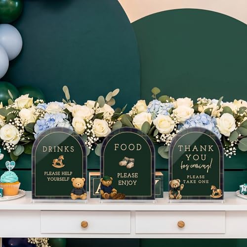 Image of Vercraft 6 Pcs Luxury Equestrian Bear Baby Shower Table Decor | 6 x 8 inch Green Blue Tartan Plaid Acrylic Signs, Take One Thank You Centerpieces, Gender Reveal Party Decor