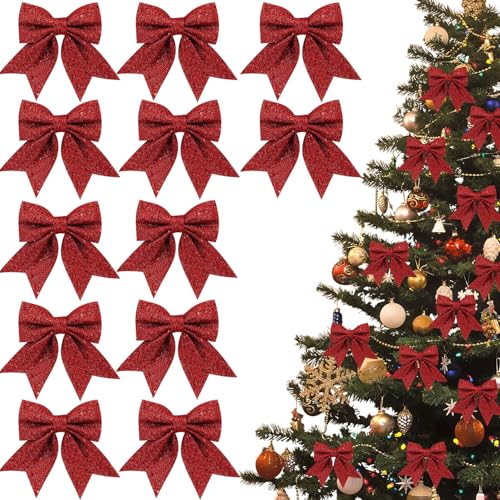 Pipihome Schleifen Weihnachtsbaum Rote, 12 Stück Weihnachtsschleifen, Rote Schleifen Weihnachte Glitzer, Weihnachtsbaum Deko für Weihnachten Urlaub...
