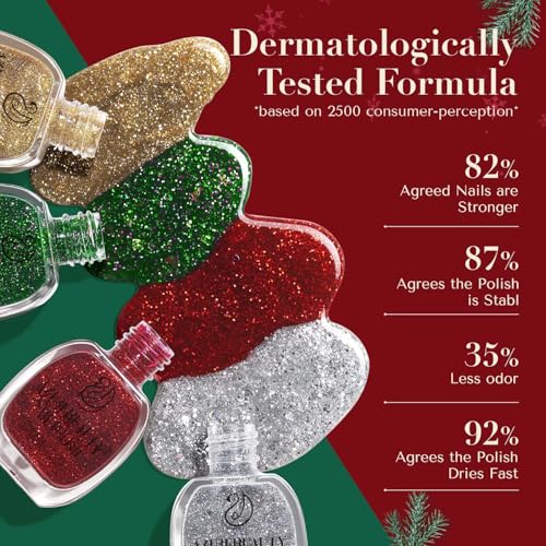 Image of AZUREBEAUTY Nail Polish Set, 4 Colors Christmas Glitter Red Green Gold Silver Quick Dry Natural Fingernail Lacquer Strengthening Treatment Kit with Top Coat DIY Salon at Home