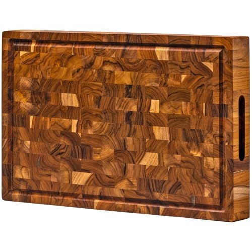 Large End Grain Chopping Board [3.8 cm Thick]. Teak Wood Butcher Block Conditioned with Beeswax, Flaxseed Oil & Lemon Oil. 43 x 28 cm Cutting Board for Kitchen by Ziruma.