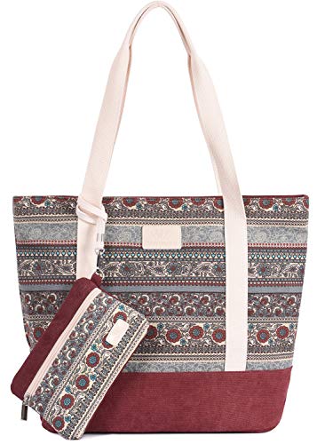 Canvas Tote Bag Womens Shoulder Handbag with Purse (Maroon)