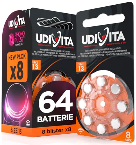 64 Batterie per Apparecchi Acustici Udivita Misura 13 (Arancioni) PR48 Zinco Aria con Phono Pulse Technology - 8 Blister da 8 Pile