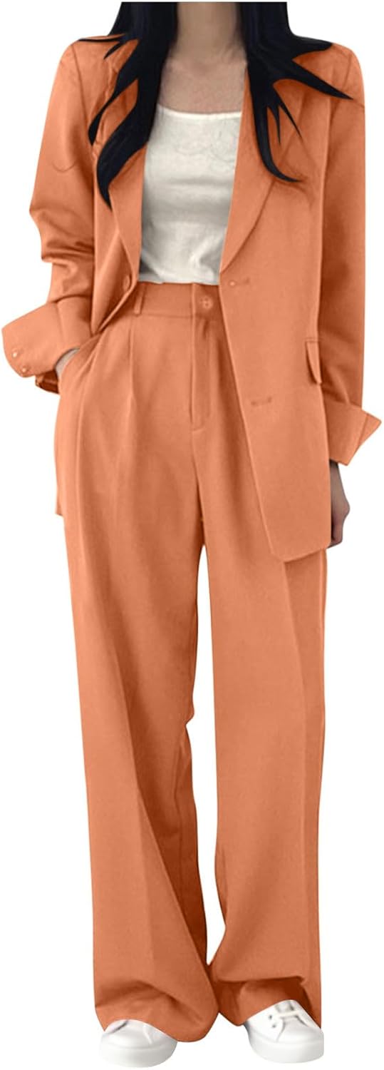 HGps8w Women's 2 Piece Business Casual Suits Loose Open Front Long Sleeve Blazer Jacket & Wide Leg Dress Pants Formal Outfits