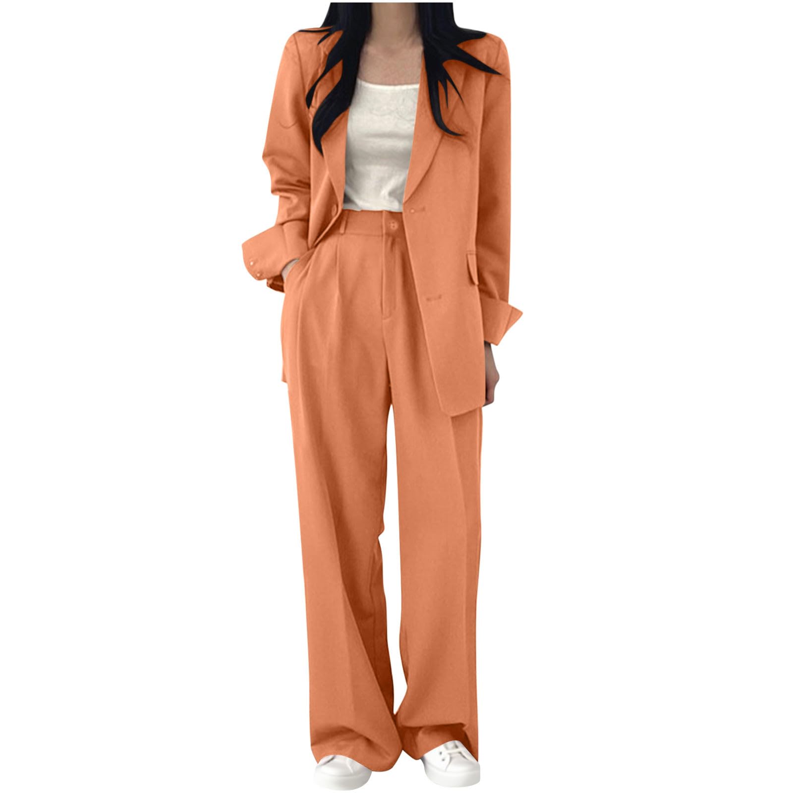 HGps8w Womens 2 Piece Business Casual Suits Loose Open Front Long Sleeve Blazer Jacket Wide Leg Dress Pants