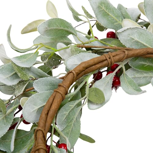 Image of 20 Inch Artificial Christmas Wreath Lambs Ear Leaves Door Wreath Winter Wreath with Artificial Snow Red Berries Christmas Decorations for Home Wall Window Decor
