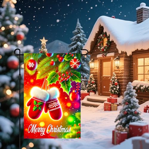 Image of BlissYard Christmas Garden Flag 12x18 Inch Red Mittens Holly Yard Decor | Double sided polyester, red mittens holly design, cozy winter home decor for Christmas porch and yard