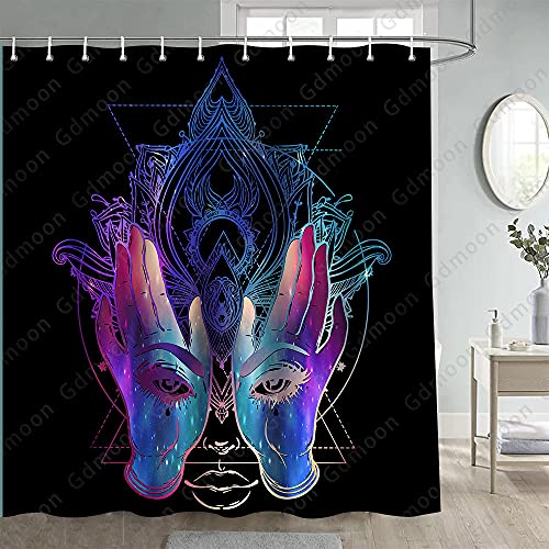 Gdmoon Hamsa Hand Shower Curtain Psychedelic Trippy Purple Mandala Medallion Yoga Bohemian Evil Eye Blessing Good Luck Hippie Paisley Tribal Bathroom Curtain Set with 12 Hooks 72 x 72In YLWHGD709