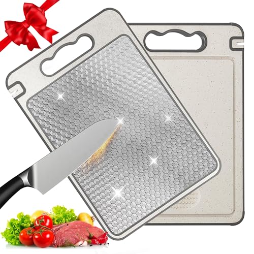 BOYUNSHI Cutting Board for Kitchen Double Sided 304 Stainless Steel & Wheat Straw Chopping Boards, Scratch Resistant Mesh Design, Non Toxic Chopping Board for Meat and Vegetables, Dishwasher Safe