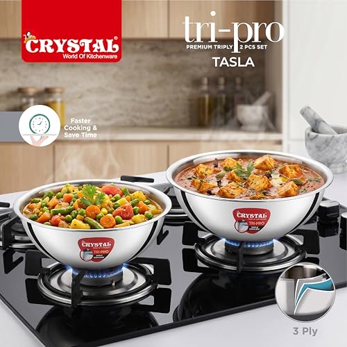 Image of Crystal Tripro Triply Stainless Steel 2 Pcs Tasla Set | 20cm and 22cm Tasla Set | Less Oil Use for Health Cooking, Even Heat Distribution | Induction Bottom