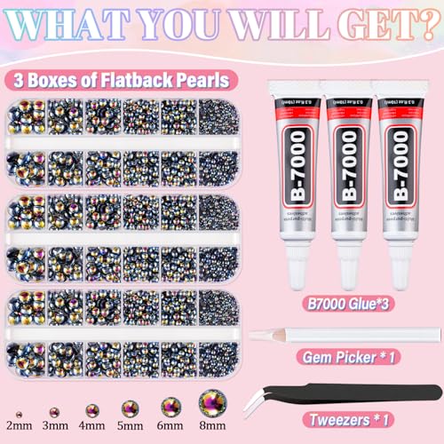Image of Flatback Pearls for Crafting with 3Pcs 10ml B7000 Jewelry Glue, 3 Boxes of Half Round Black AB Pearls, Bedazzling Beads for DIY Crafts Clothing Tumblers Shoes Embellishment Nail Art