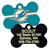 GoTags Personalized Miami Dolphins Dog Tag, Brass Metal Bone Shape Pet ID Tag Engraved with Name and Custom Text, Every NFL Football Team Pet Apparel (Large)