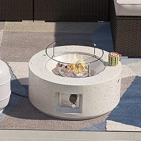 SUNBURY Outdoor 28 Inch Propane Fire Pit Table, Round Fire Table w Glass Wind Guard, 40,000 BTU Spotted White Patio Gas Fire Table Waterproof Cover, Lava Rocks Cover