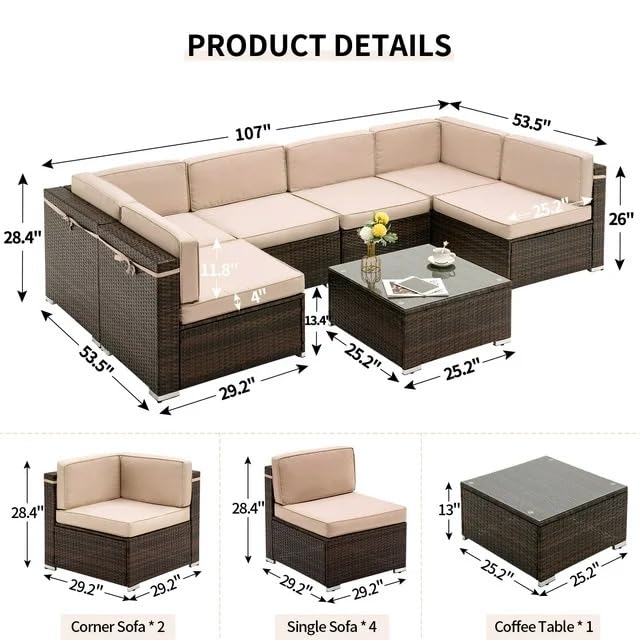 Image of 6 Seater Sofa Patio Furniture Sets, Modular Rattan Outdoor Patio Sectional Furniture Sofa Set, Wicker Patio Conversation Set for Backyard, Deck, Poolside Table with Glass Coffee Table, (Beige)