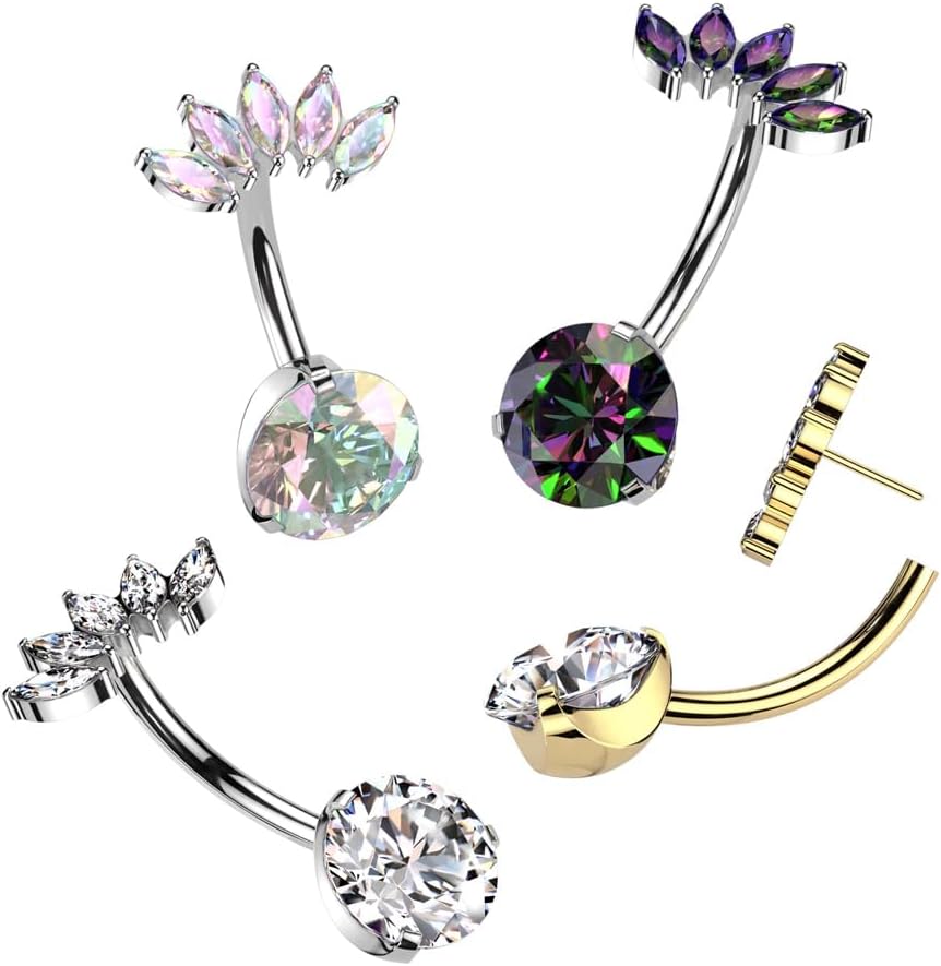 Pierced Owl 14GA F136 Implant Grade Titanium Threadless Push In Mutli CZ Crystal Marquise Belly Button Ring