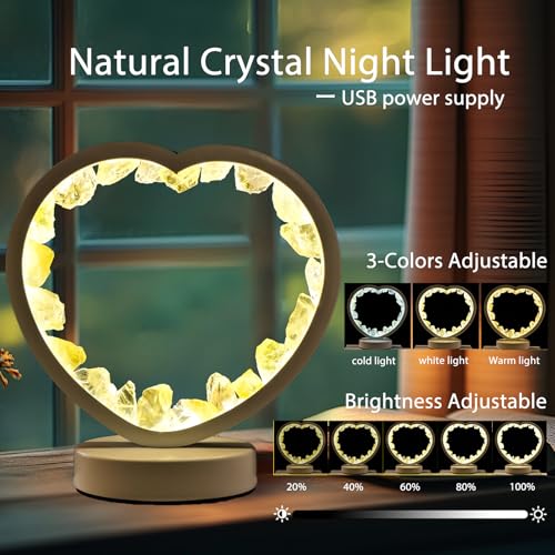 Image of Runyangshi Natural Crystal Night Lamp Heart Shape Bedroom Bedside Sleep Night Light Healing Crystal Gemstone Citrine Light Tri-Color Ambient Light USB Powered for Home Decor Mother's Day Gift