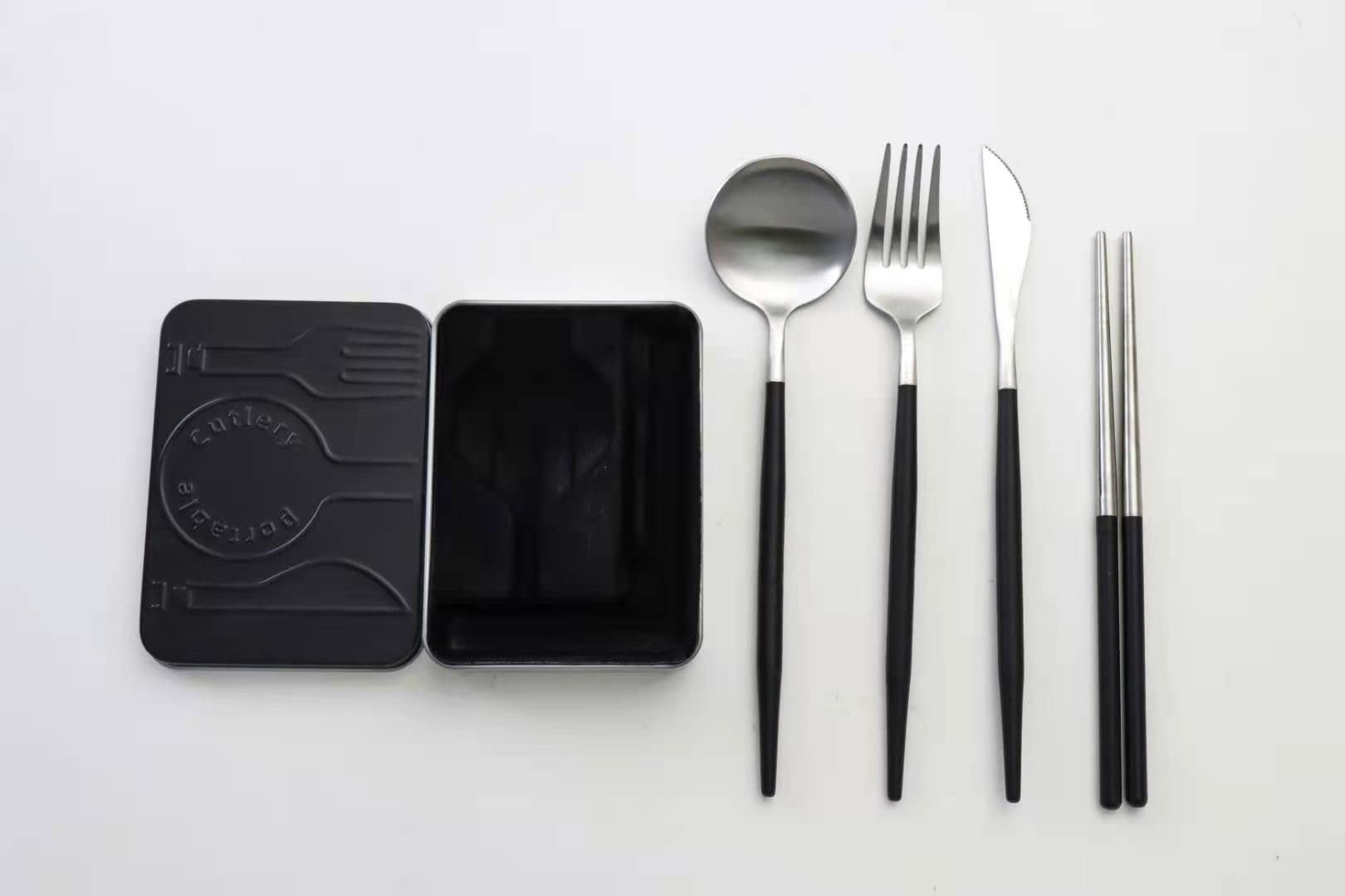 Cesa Beams Portable Cutlery, Camping, Outdoors, Leisure, Original 4 Piece + Storage Box, Cutlery Gold, Fashionable, Gold, Scandinavian Spoon, Fork, Connected Chopsticks, Camping, Stainless Steel, : Ho